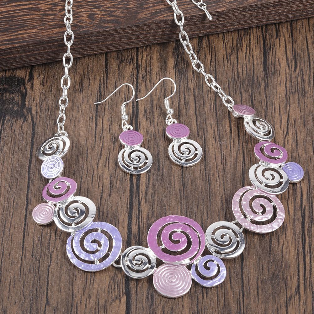 Zinc Alloy Geometric Necklace & Earring Set – Hollow Spiral Colourful Oil Drop Design