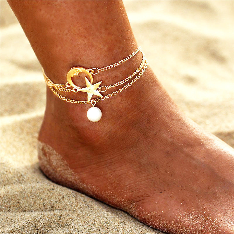 Women’s Three-Layer Anklet – Metal Alloy Foot Bracelet Set