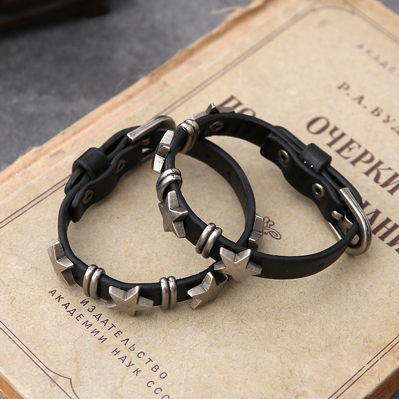 Men’s Punk Leather Bracelet – Five-Pointed Star Retro Style