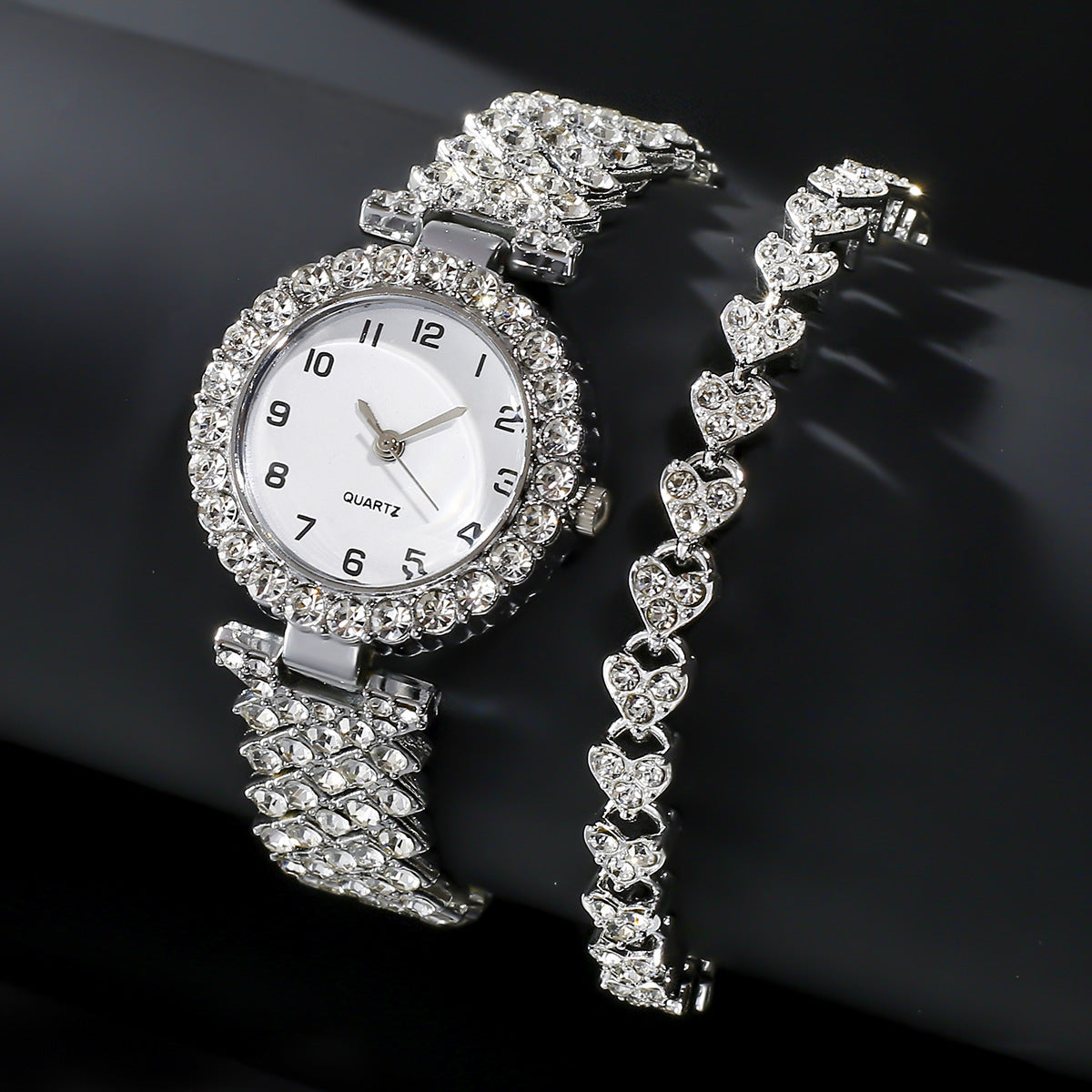Luxury 2-Piece Women’s Watch & Bracelet Set – Silver Quartz Wristwatch Jewellery Gift