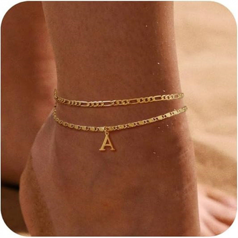 Gold Initial Letter Anklet – Double Layer Twin Chain for Women