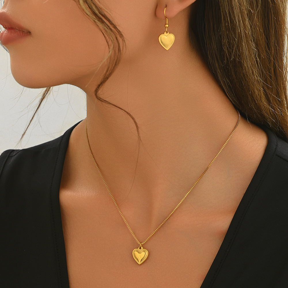 Luxury 18K Gold-Plated Stainless Steel Puffy Heart Pendant Necklace & Earrings Set – Women’s Jewellery