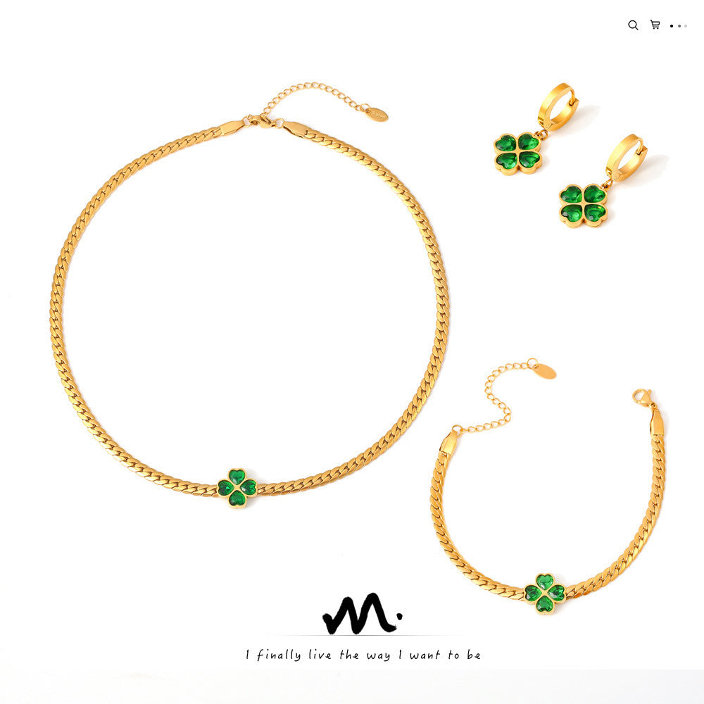 Women’s Four-Leaf Clover Stainless Steel Jewellery Set – Necklace, Bracelet & Earrings