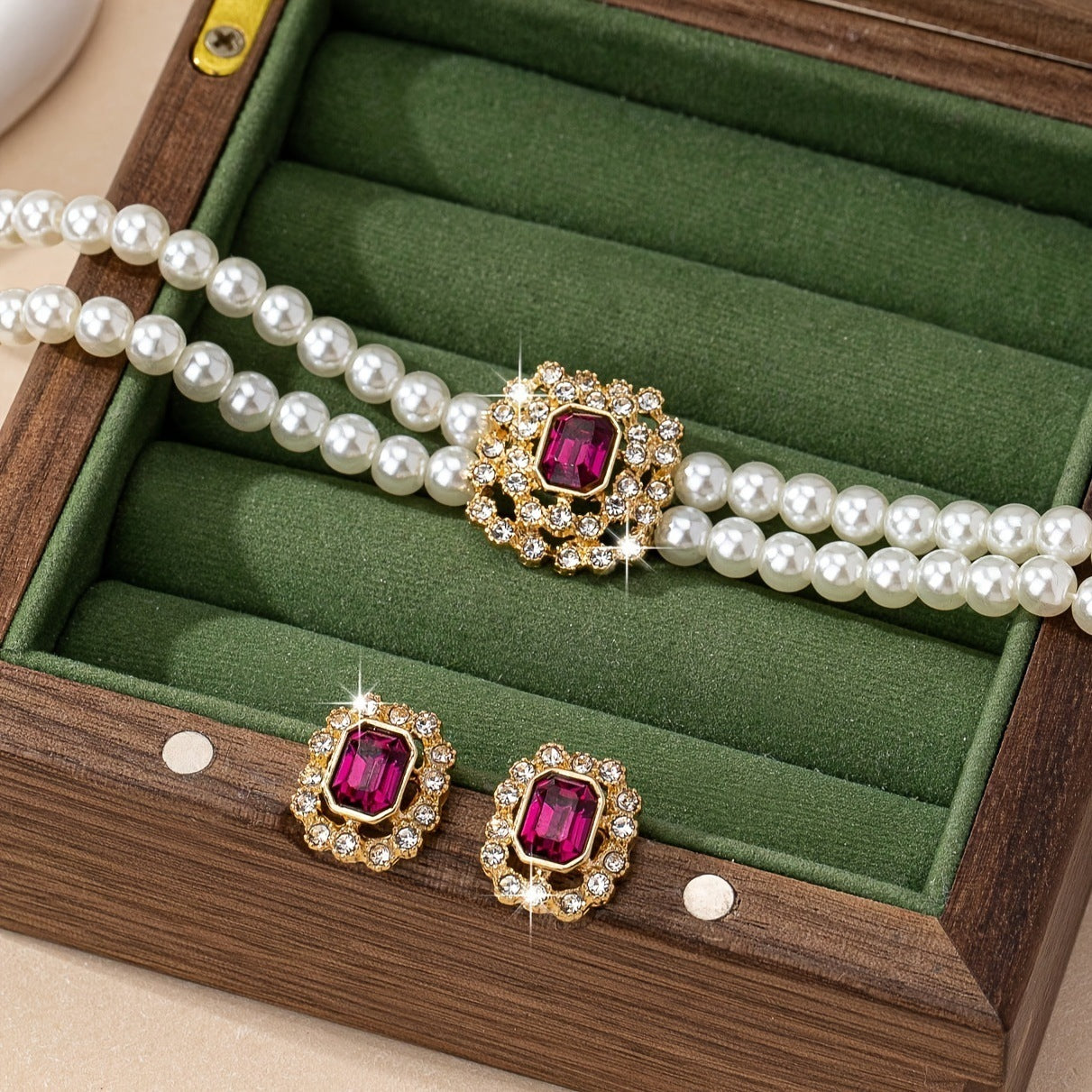 Elegant Double Row Pearl & Diamond Necklace and Earrings Set – Women’s Jewellery