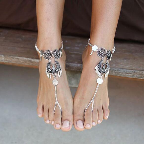 Bohemian Hollow Flower Anklet – Antique Silver Beach Foot Jewellery