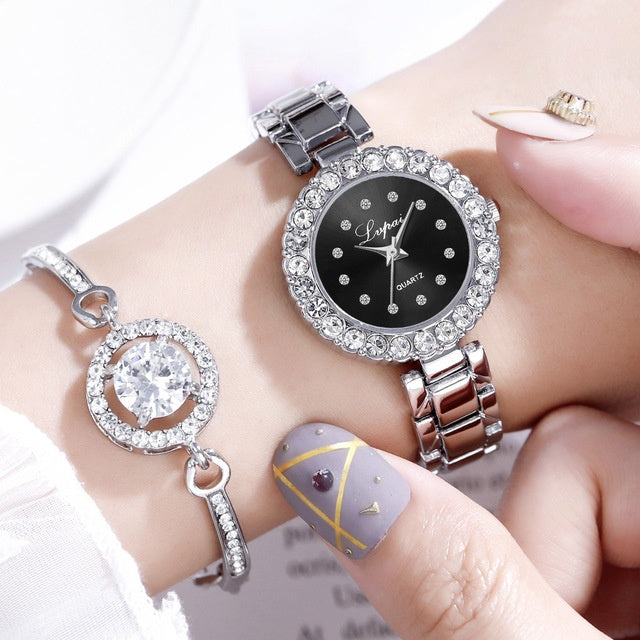 Luxury Women’s Watch and Bracelet Set – Fashion Quartz Wristwatch with Bangle for Ladies