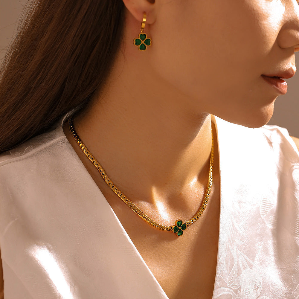 Women’s Four-Leaf Clover Stainless Steel Jewellery Set – Necklace, Bracelet & Earrings