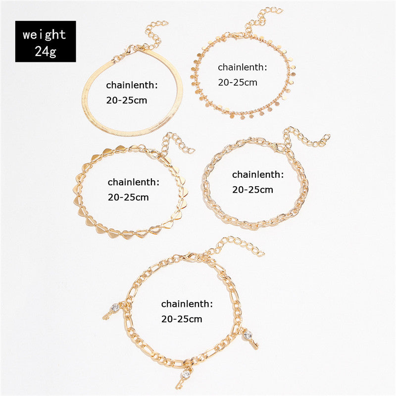 5-Piece Women’s Gold Anklet Set – Heart Crystal & Key Snake Chain Foot Jewellery