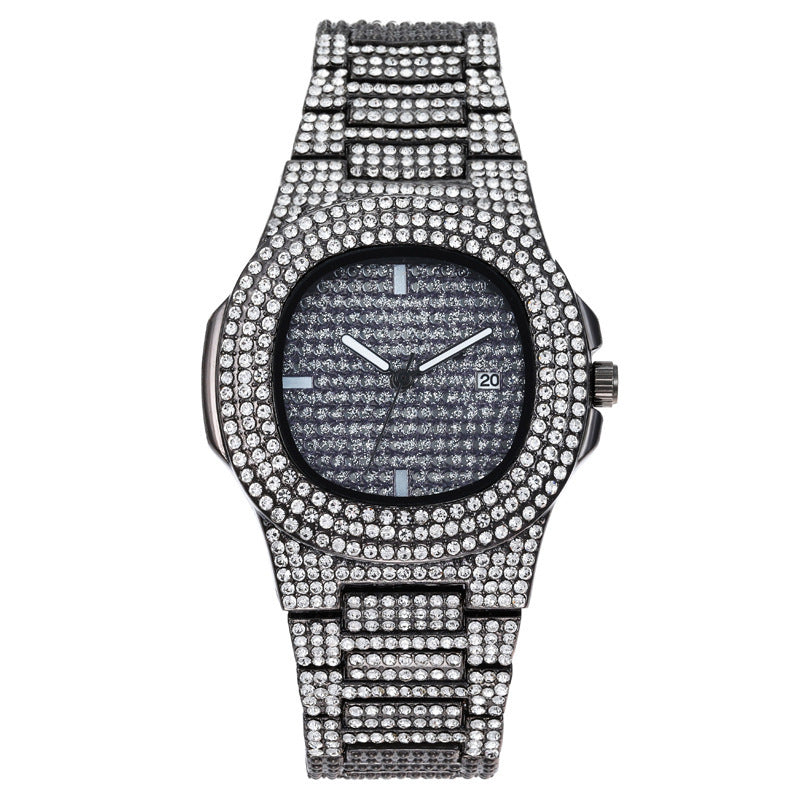 Luxury Men’s Diamond Watch – Quartz Date Display, Fashion Wristwatch