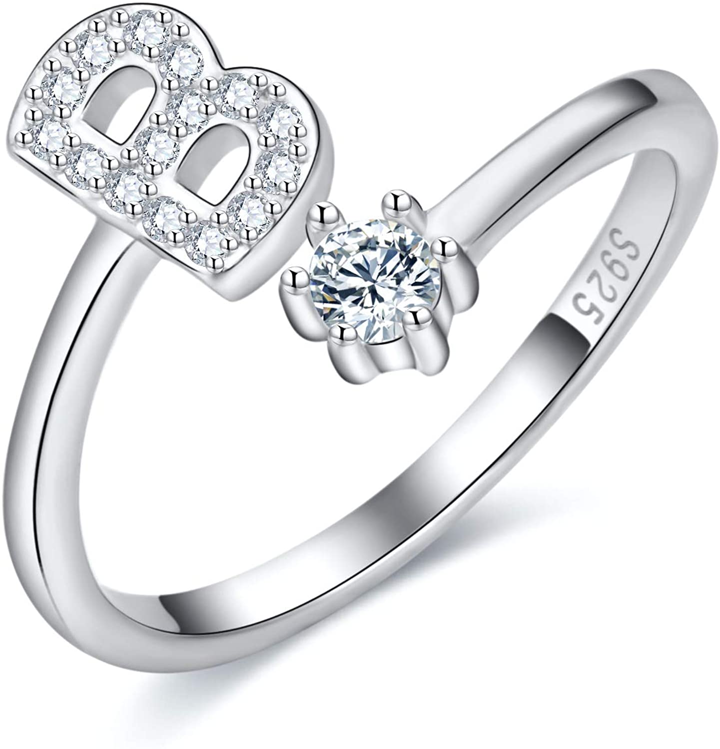 S925 Sterling Silver Adjustable Alphabet Ring – A-Z Diamond Initial Open Ring for Women