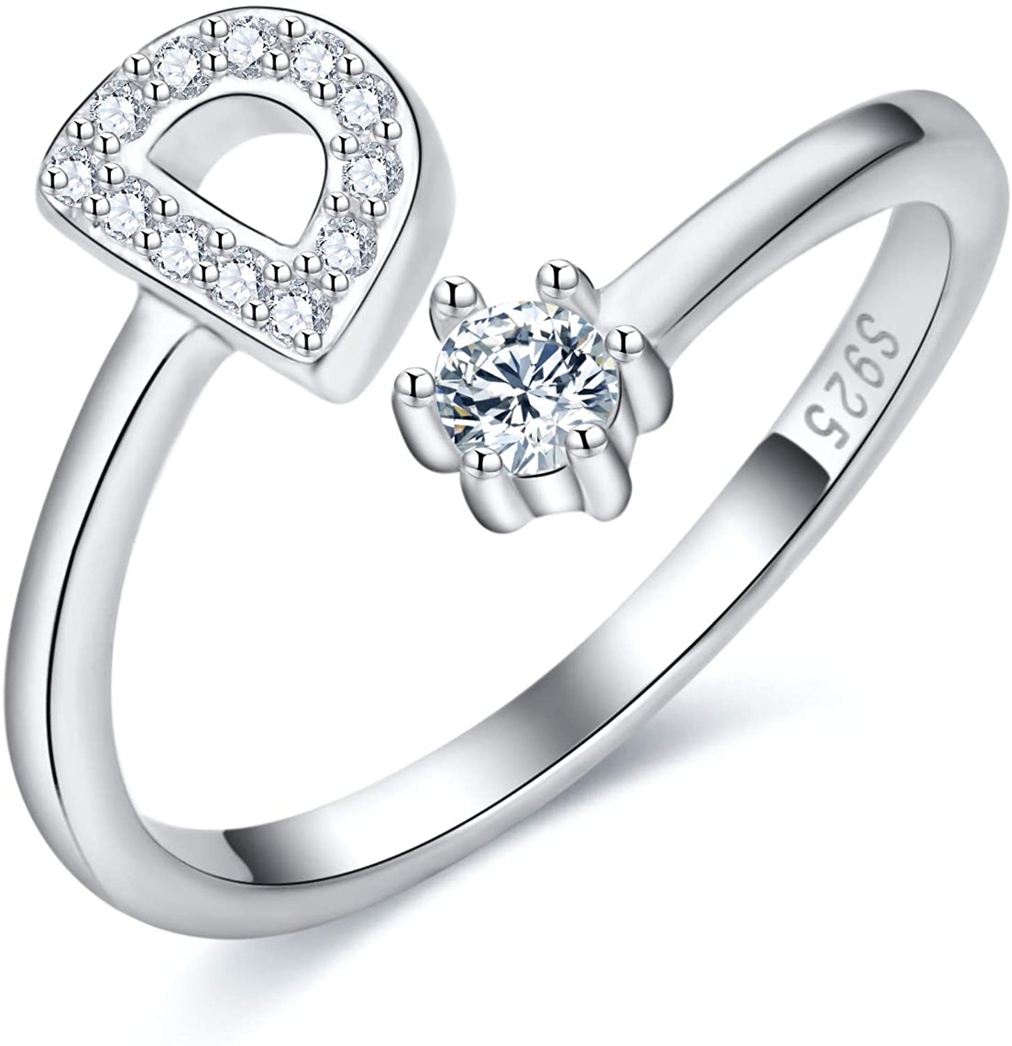 S925 Sterling Silver Adjustable Alphabet Ring – A-Z Diamond Initial Open Ring for Women