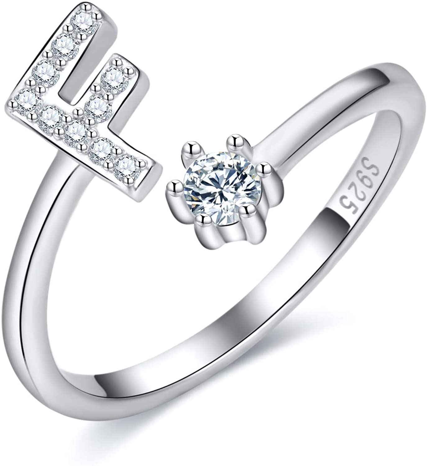S925 Sterling Silver Adjustable Alphabet Ring – A-Z Diamond Initial Open Ring for Women