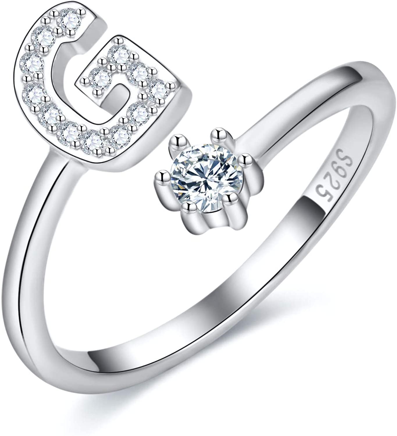 S925 Sterling Silver Adjustable Alphabet Ring – A-Z Diamond Initial Open Ring for Women