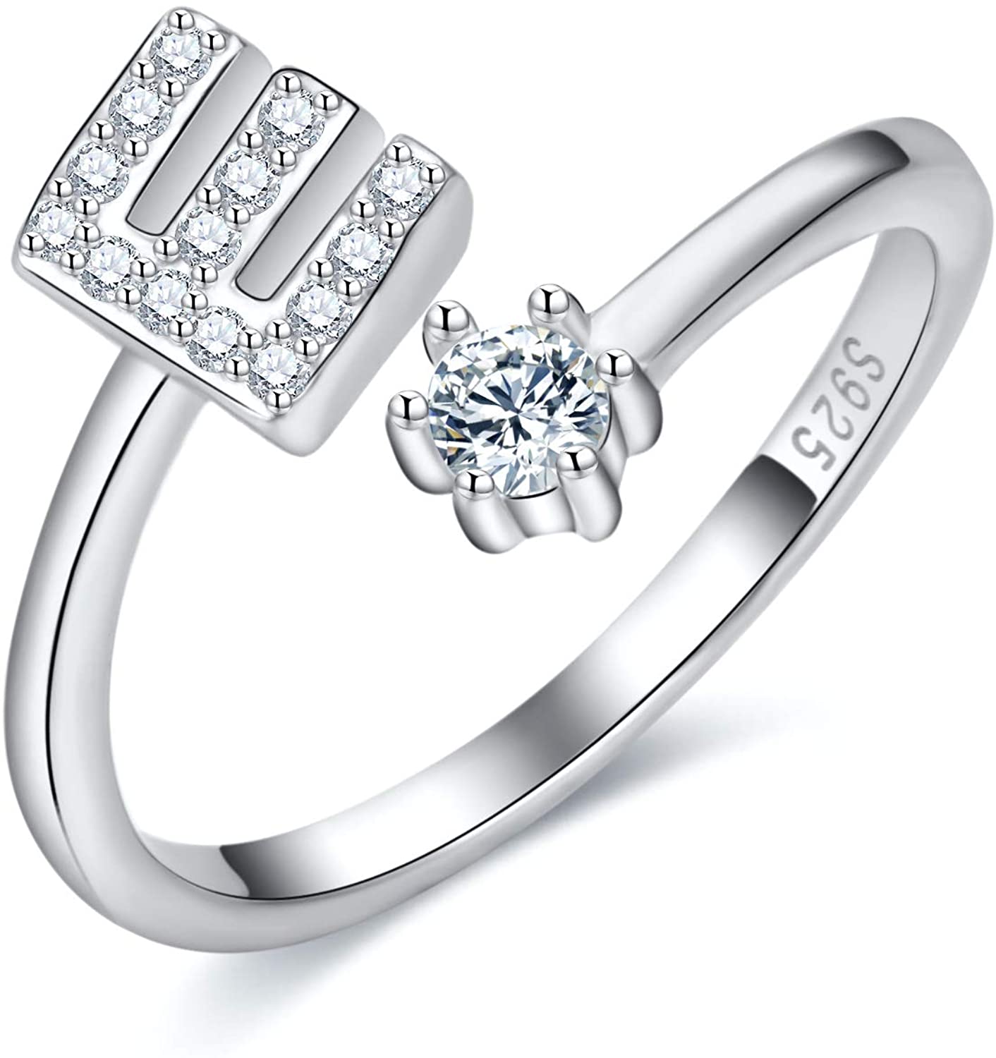 S925 Sterling Silver Adjustable Alphabet Ring – A-Z Diamond Initial Open Ring for Women