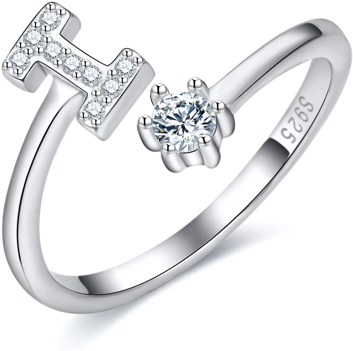 S925 Sterling Silver Adjustable Alphabet Ring – A-Z Diamond Initial Open Ring for Women