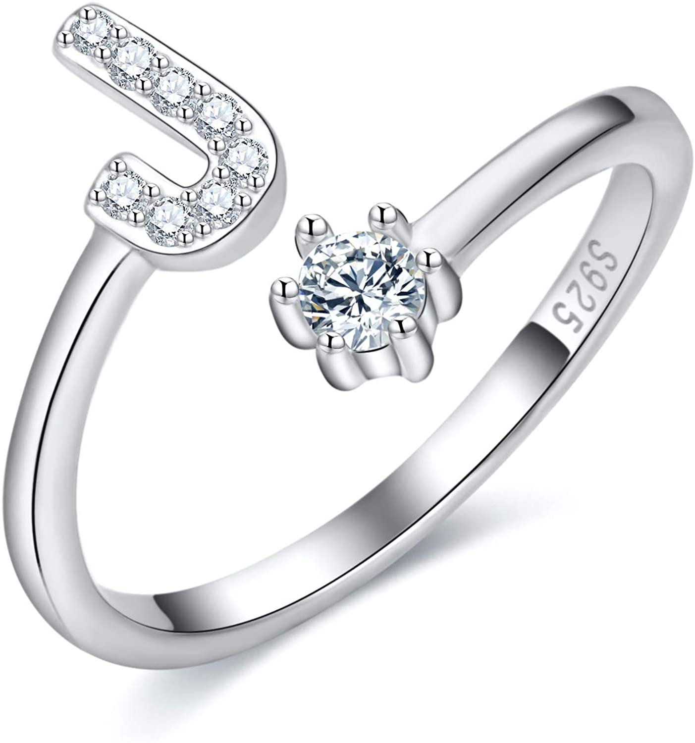 S925 Sterling Silver Adjustable Alphabet Ring – A-Z Diamond Initial Open Ring for Women