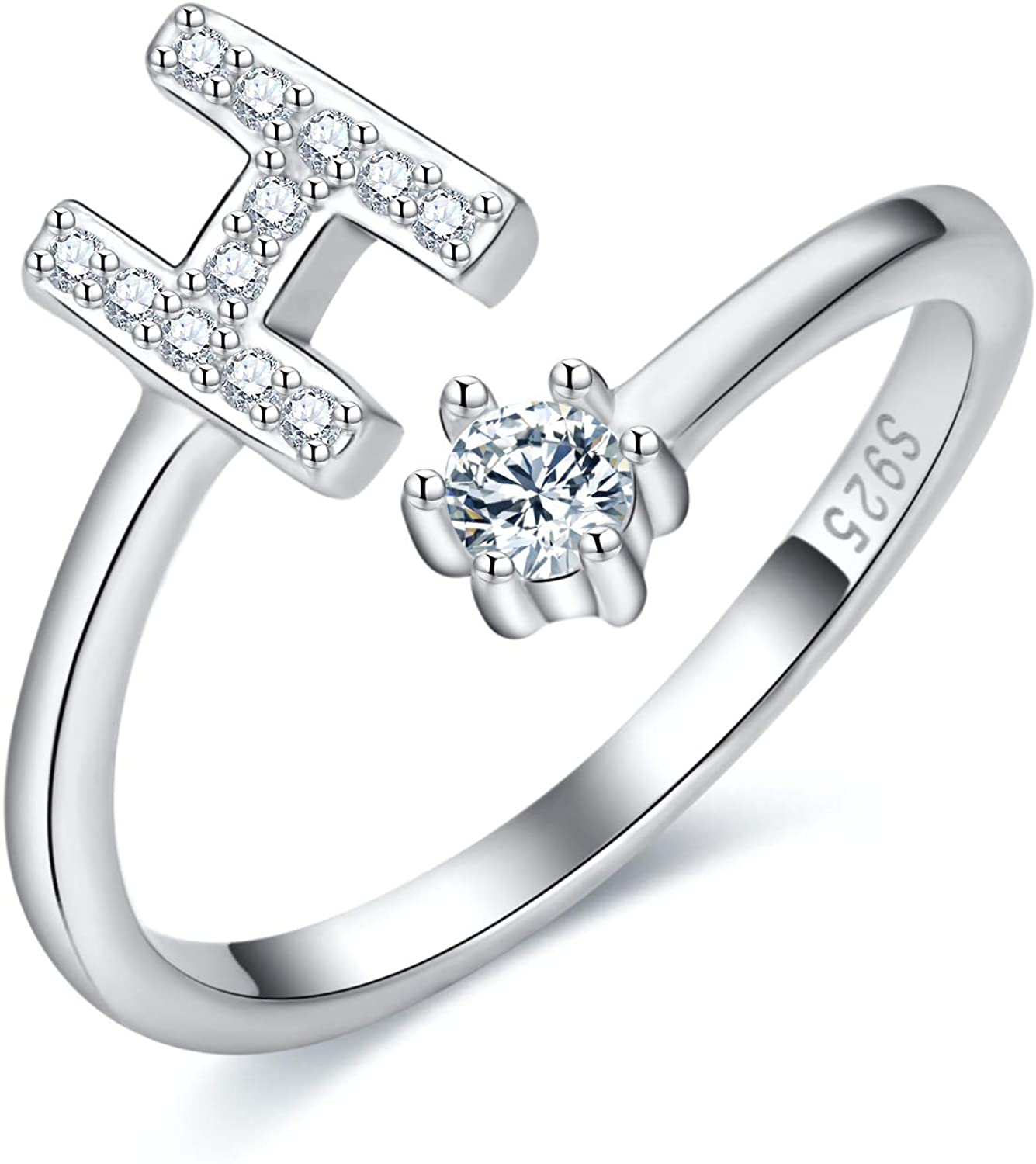 S925 Sterling Silver Adjustable Alphabet Ring – A-Z Diamond Initial Open Ring for Women