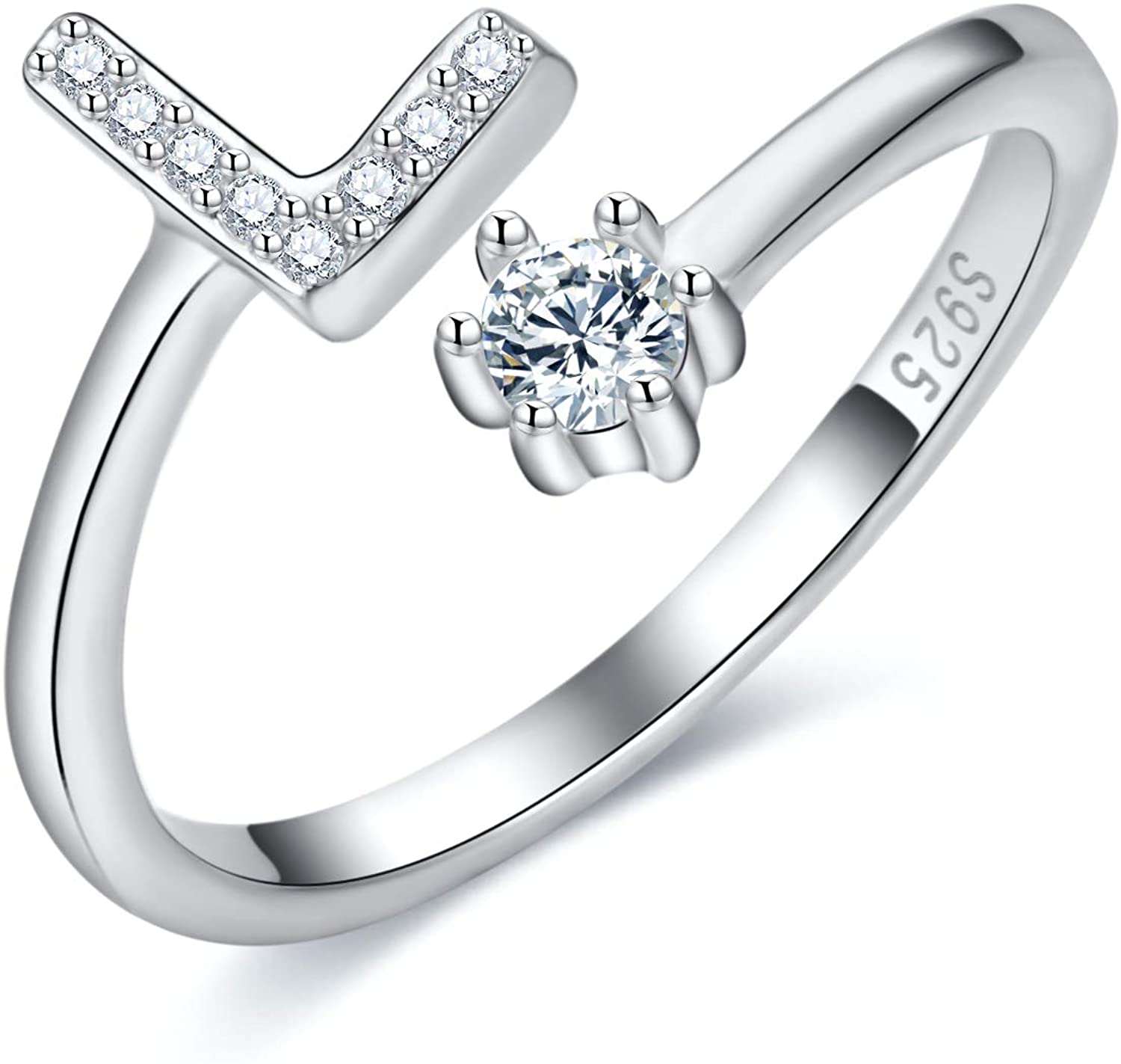S925 Sterling Silver Adjustable Alphabet Ring – A-Z Diamond Initial Open Ring for Women