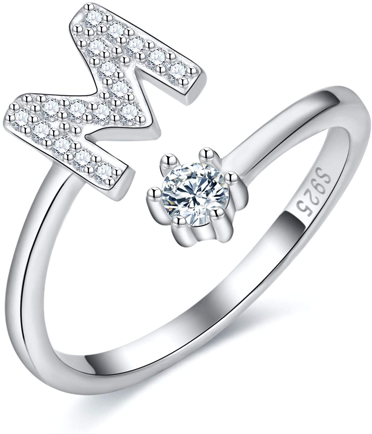 S925 Sterling Silver Adjustable Alphabet Ring – A-Z Diamond Initial Open Ring for Women