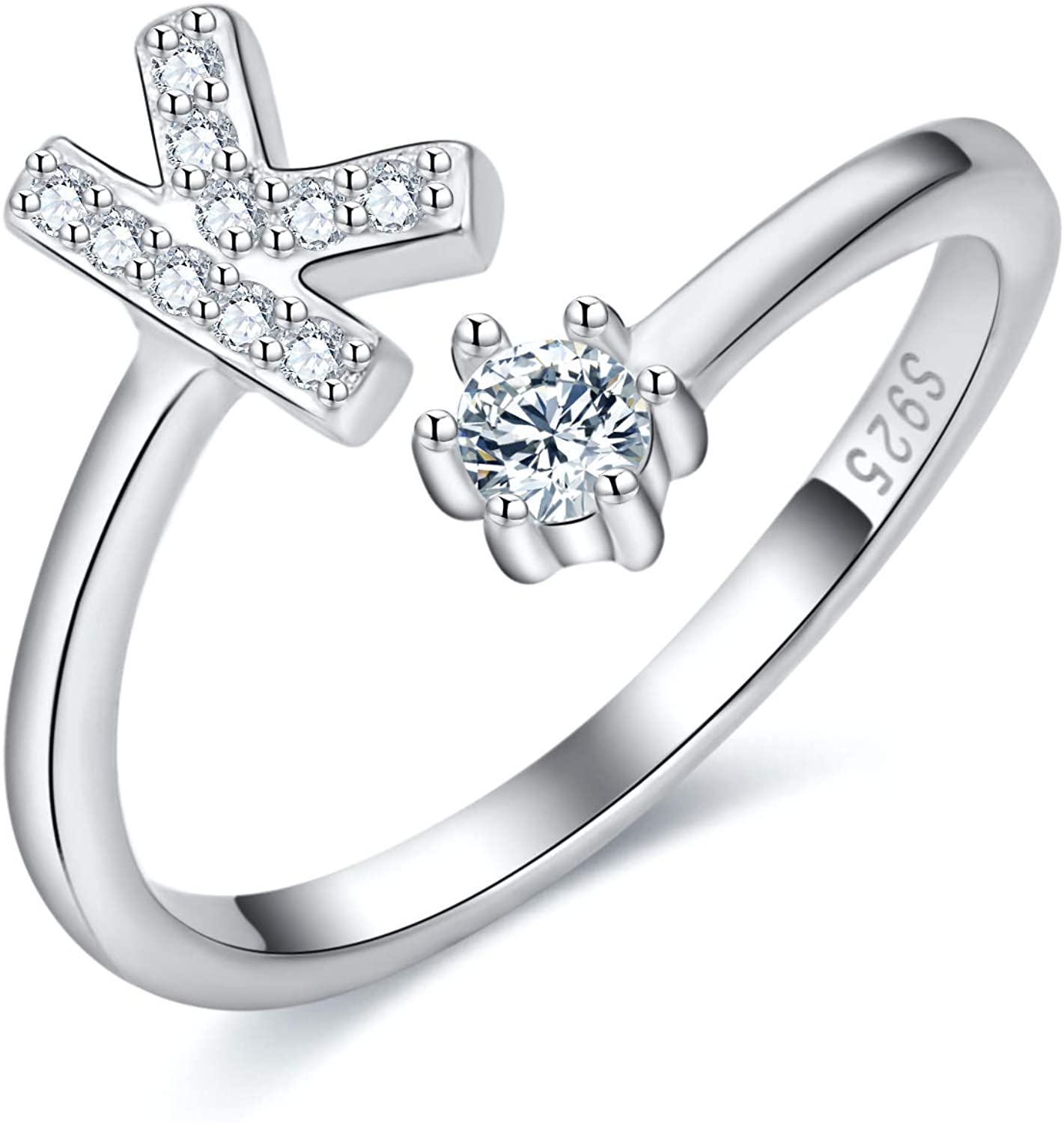 S925 Sterling Silver Adjustable Alphabet Ring – A-Z Diamond Initial Open Ring for Women