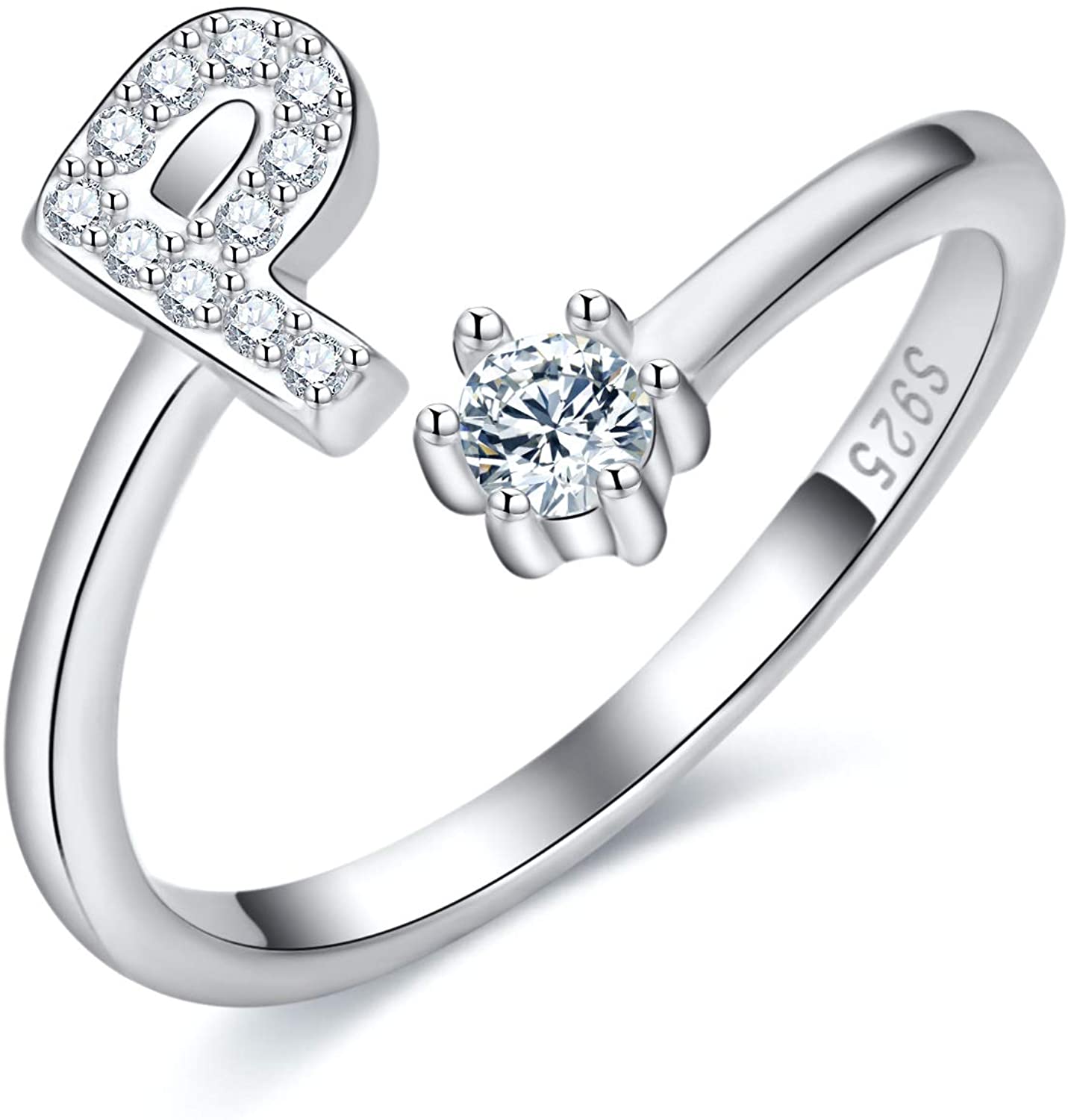S925 Sterling Silver Adjustable Alphabet Ring – A-Z Diamond Initial Open Ring for Women