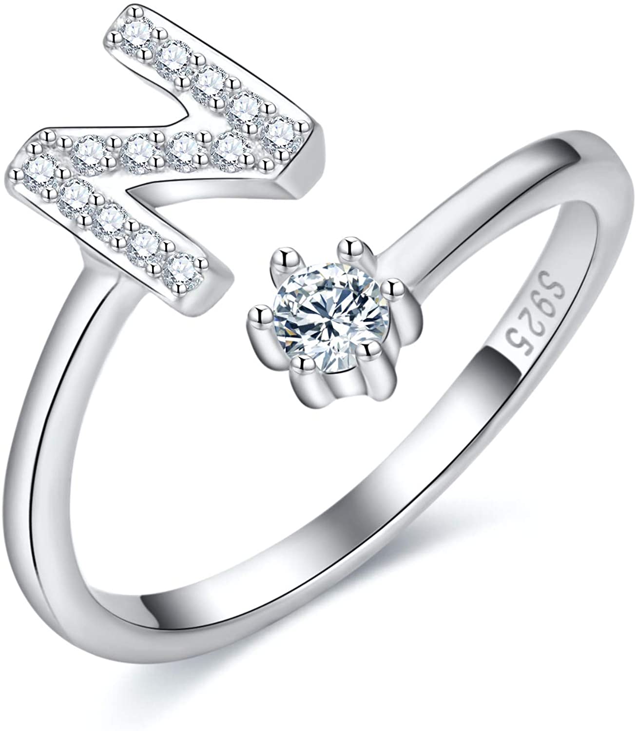 S925 Sterling Silver Adjustable Alphabet Ring – A-Z Diamond Initial Open Ring for Women
