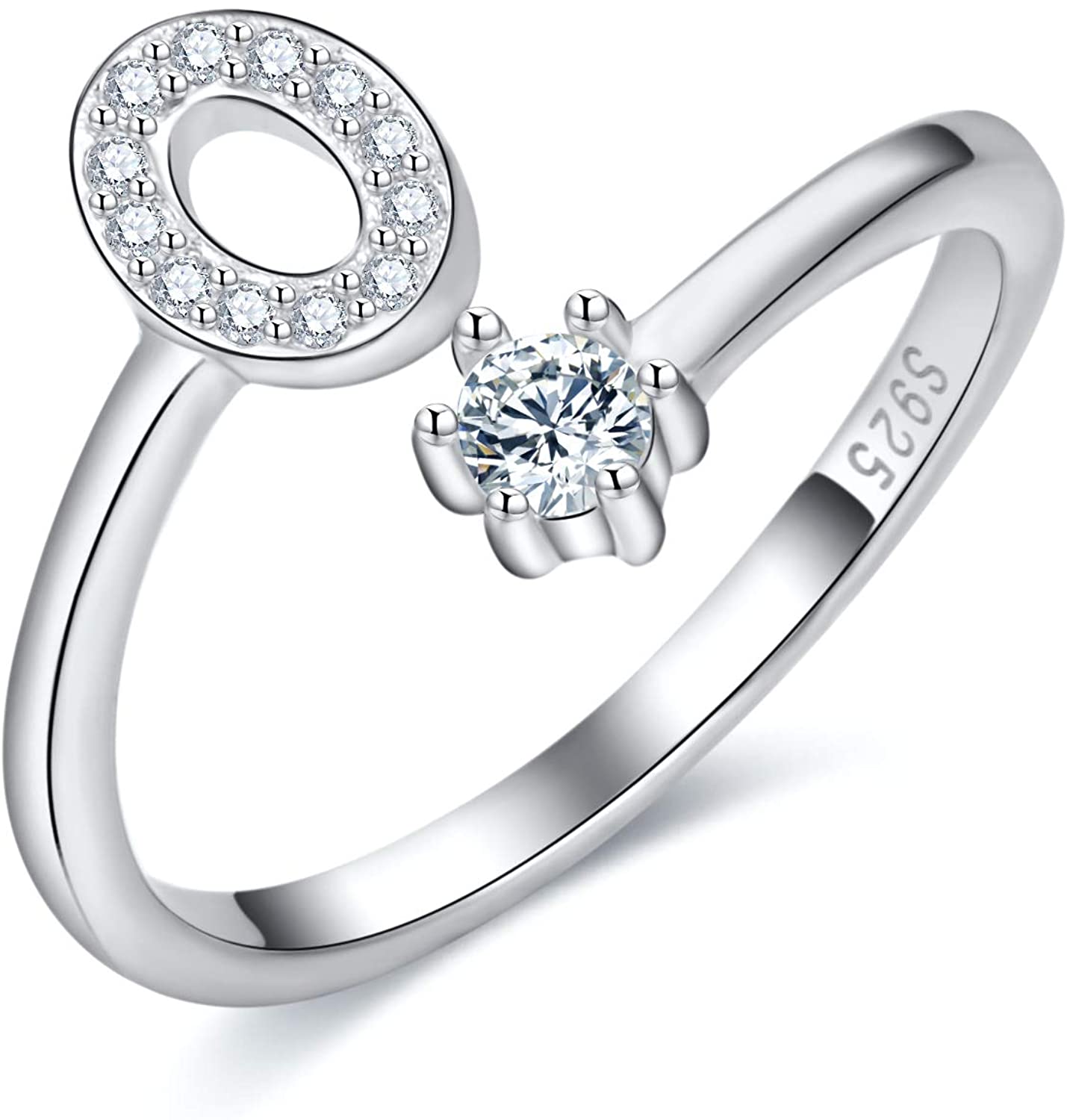 S925 Sterling Silver Adjustable Alphabet Ring – A-Z Diamond Initial Open Ring for Women