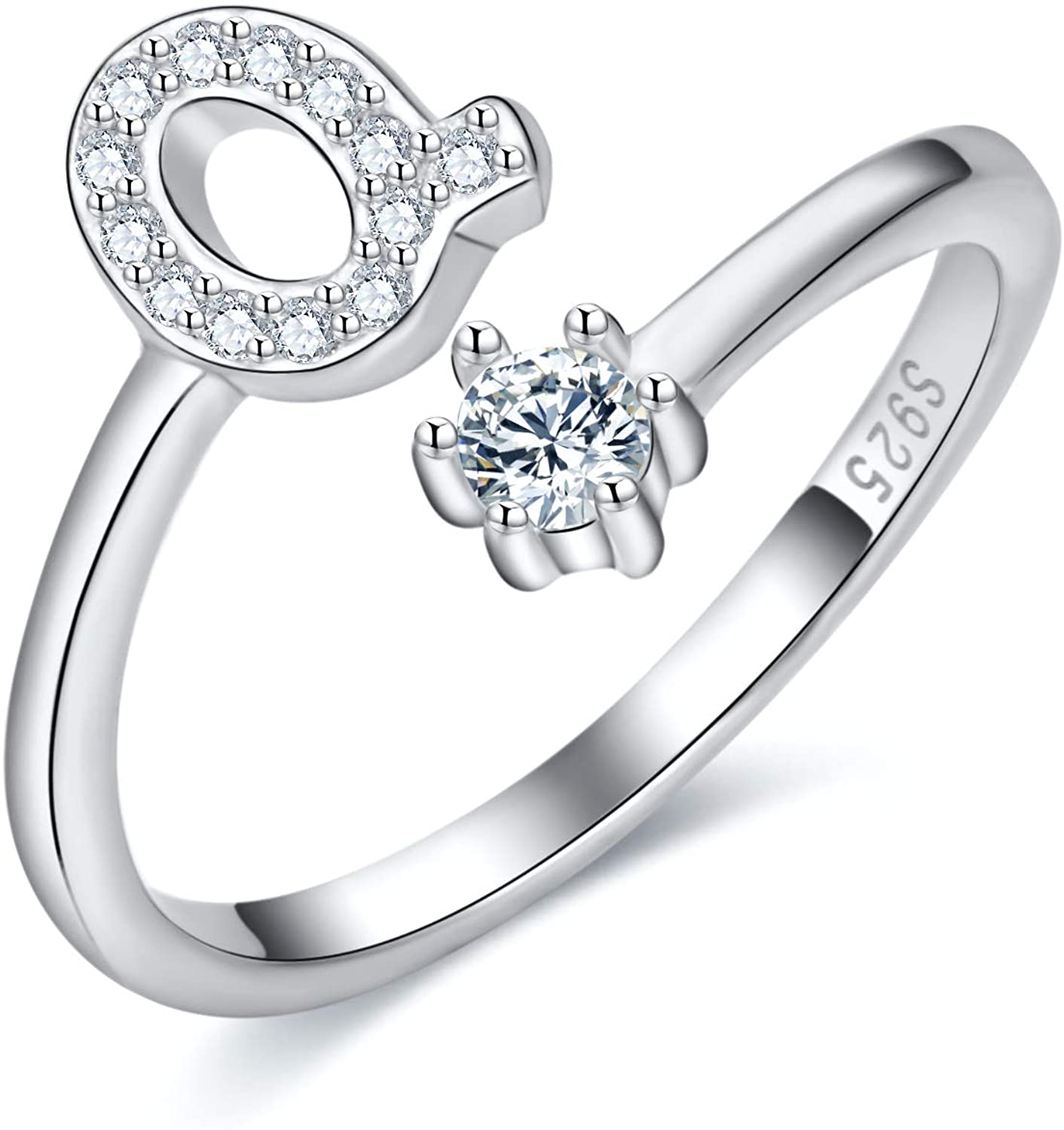 S925 Sterling Silver Adjustable Alphabet Ring – A-Z Diamond Initial Open Ring for Women