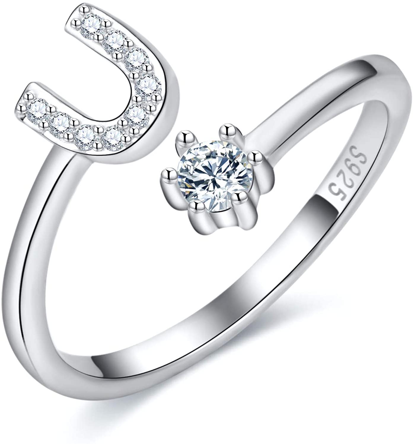 S925 Sterling Silver Adjustable Alphabet Ring – A-Z Diamond Initial Open Ring for Women