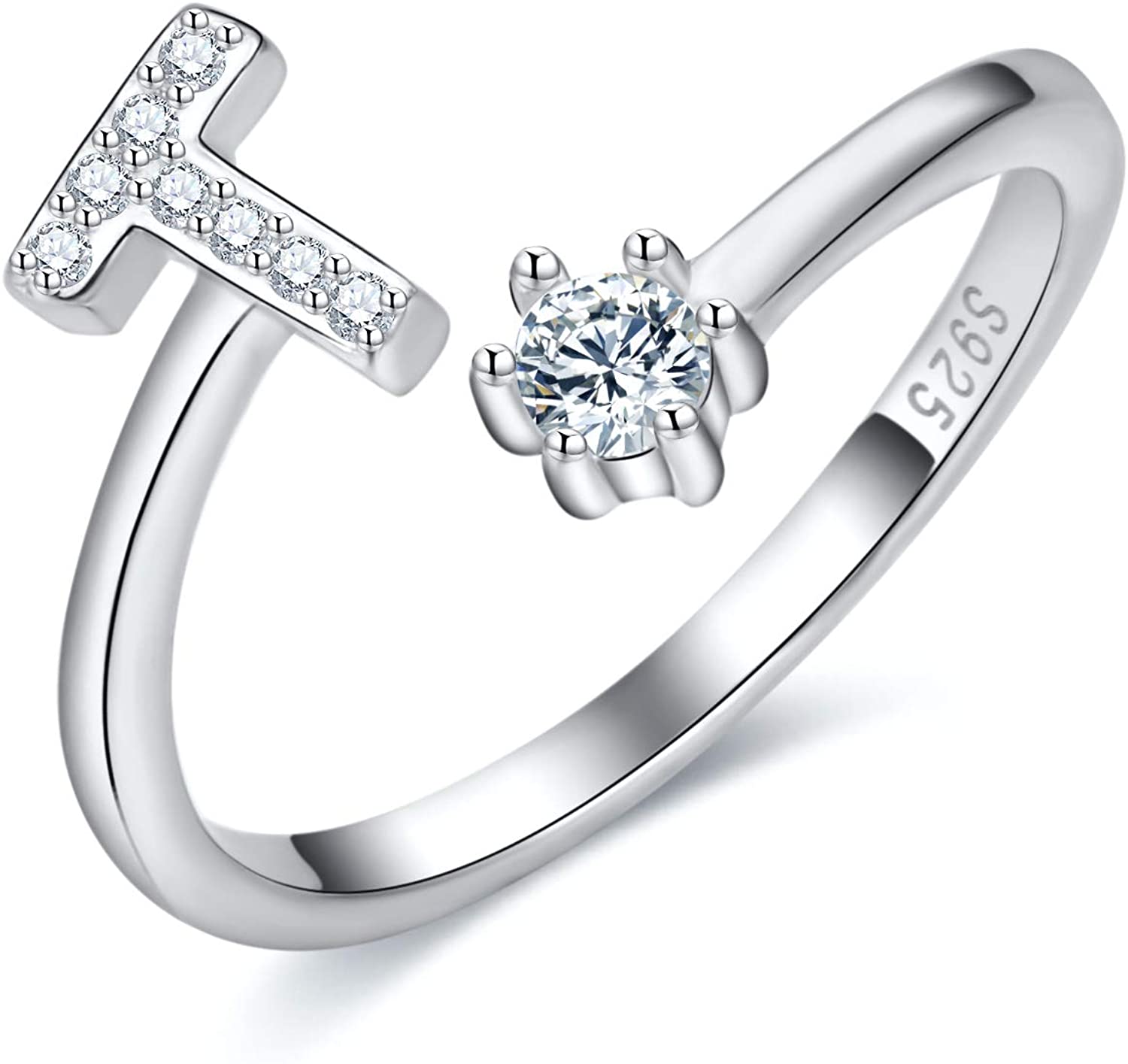 S925 Sterling Silver Adjustable Alphabet Ring – A-Z Diamond Initial Open Ring for Women
