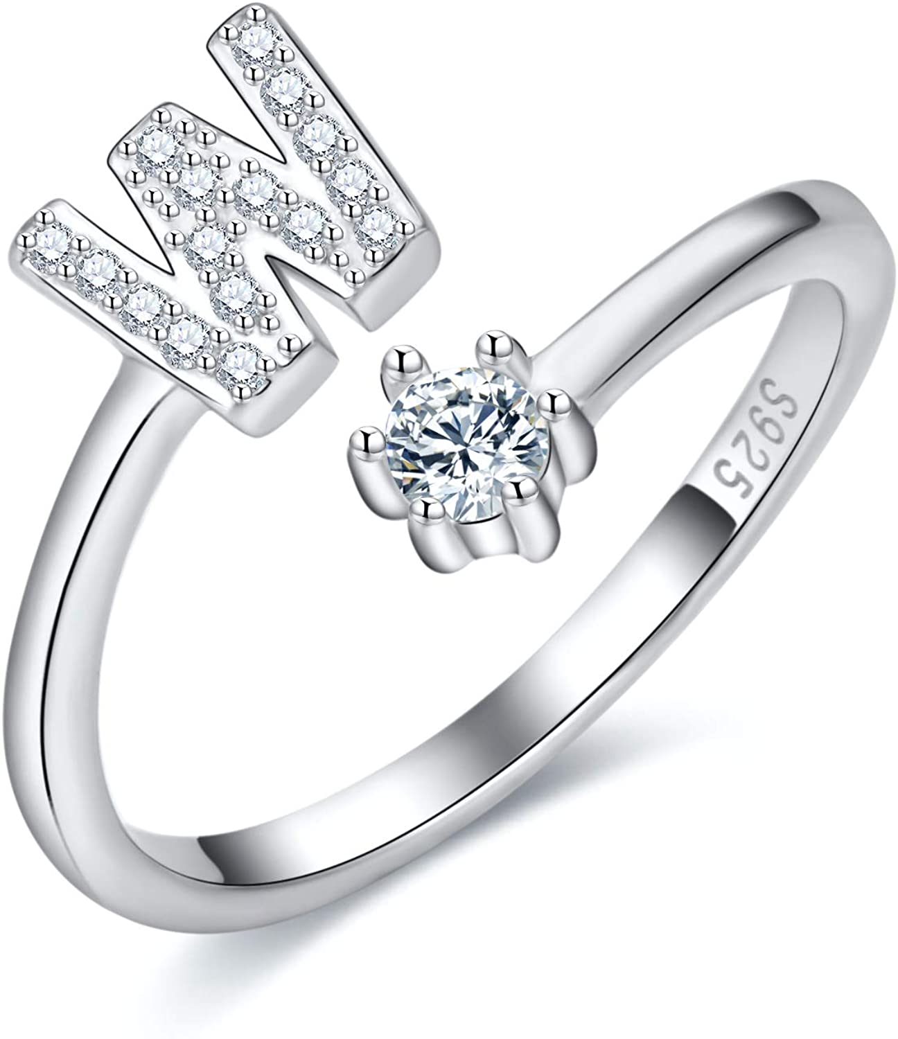 S925 Sterling Silver Adjustable Alphabet Ring – A-Z Diamond Initial Open Ring for Women