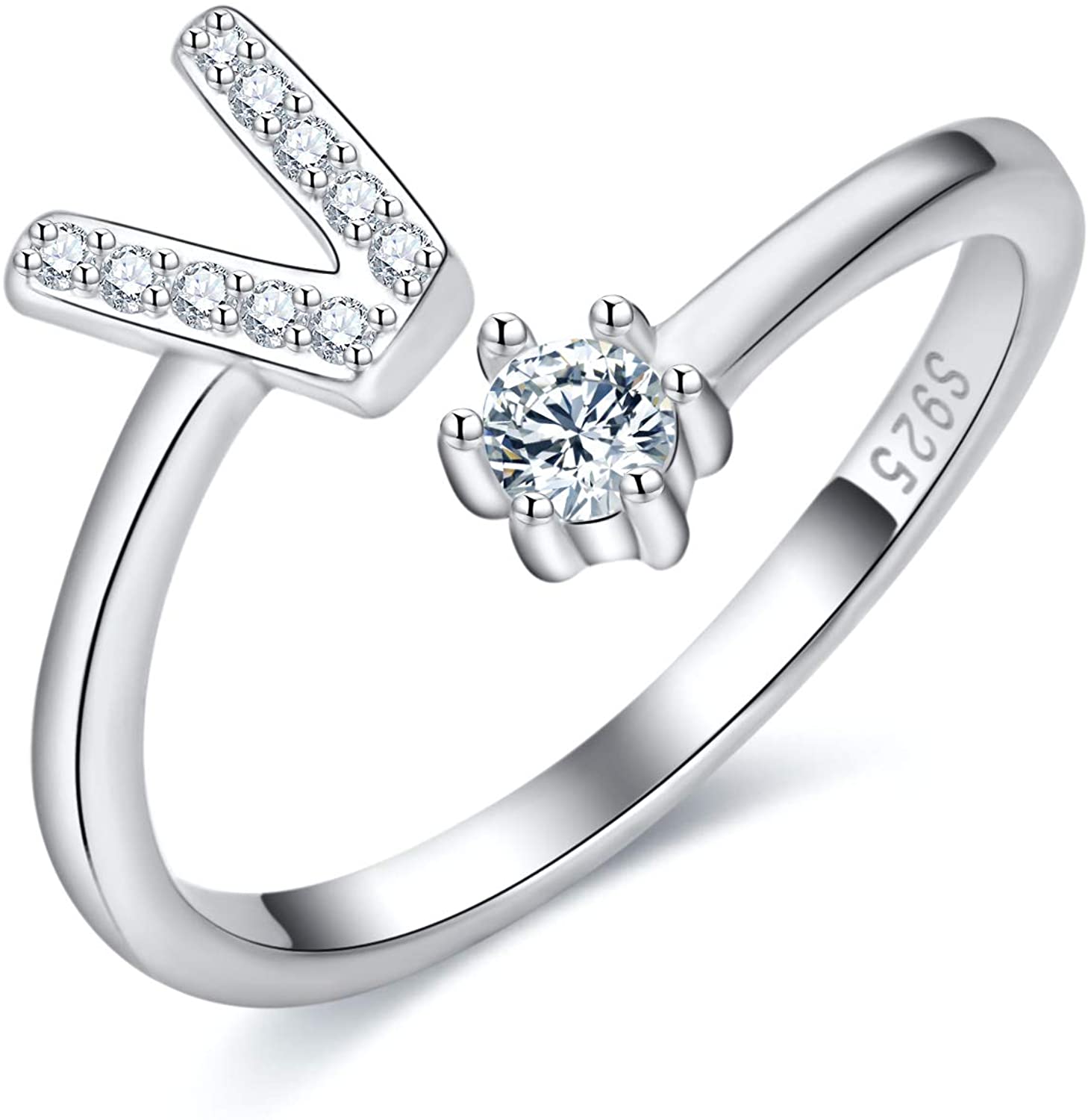 S925 Sterling Silver Adjustable Alphabet Ring – A-Z Diamond Initial Open Ring for Women