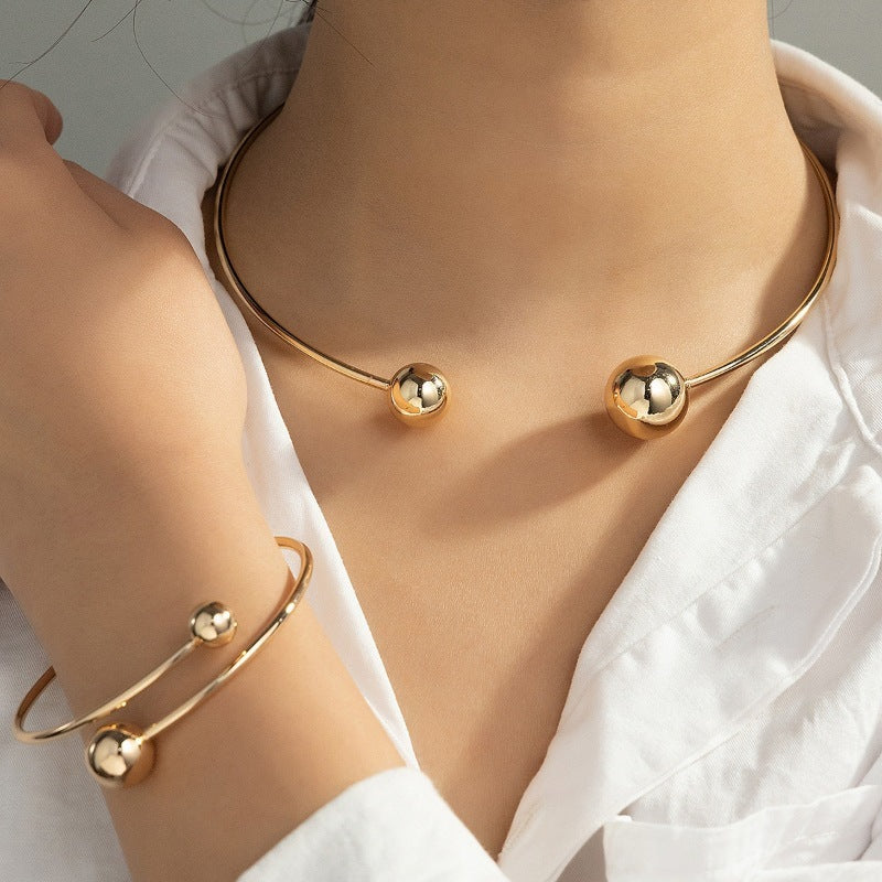 Gold Open-End Bangle Bracelet – Thin Adjustable Ball Design