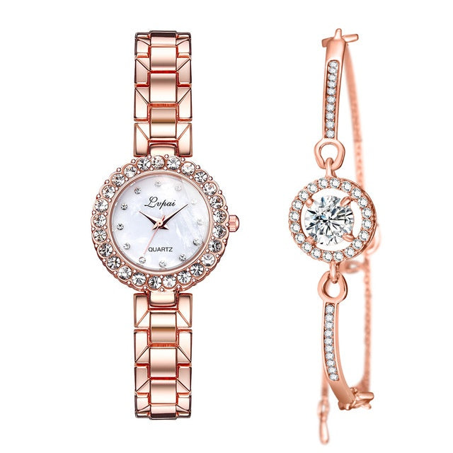 Luxury Women’s Watch and Bracelet Set – Fashion Quartz Wristwatch with Bangle for Ladies