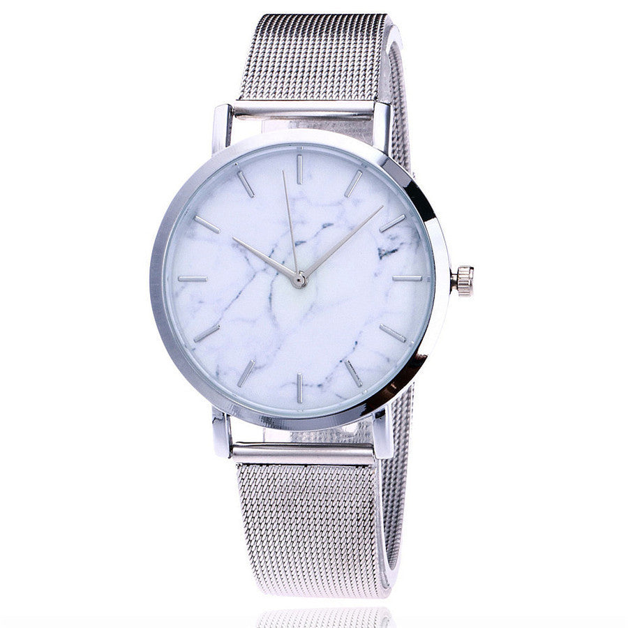 Vansvar Women’s Quartz Marble Watch – Silver & Gold Mesh Band