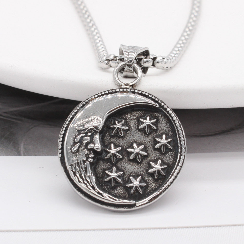 Personality Retro Star & Moon Pendant – Titanium Steel