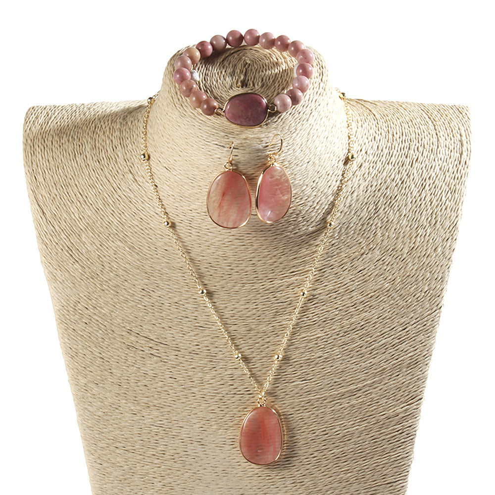 Gold Jewellery Set with Natural Stone – Necklace, Bracelet, Earrings for Women