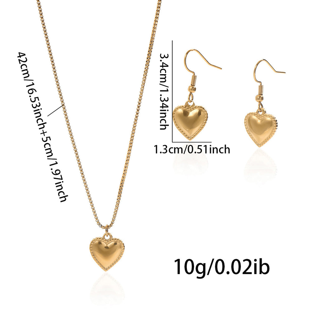 Luxury 18K Gold-Plated Stainless Steel Puffy Heart Pendant Necklace & Earrings Set – Women’s Jewellery