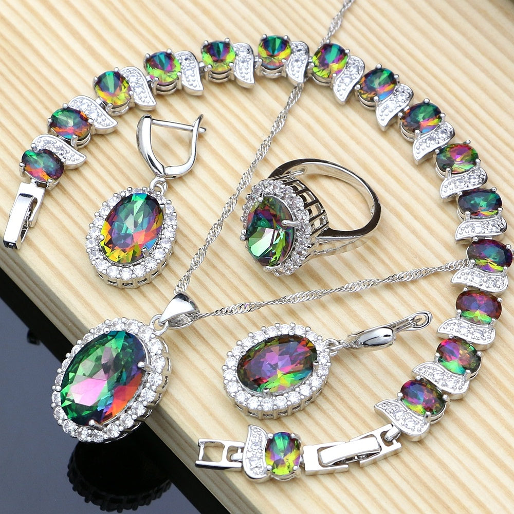 925 Silver Mystic Rainbow Cubic Zirconia Necklace and Earrings Set