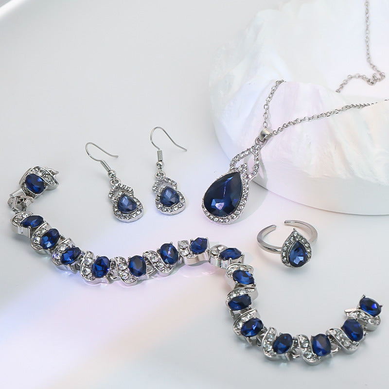 Light Luxury Zircon Jewellery Set – Necklace, Earrings & Open Ring