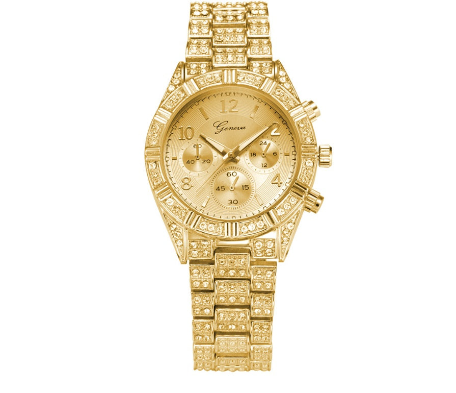 Women’s Crystal Quartz Watch – Geneva Luxury Stainless Steel Wristwatch