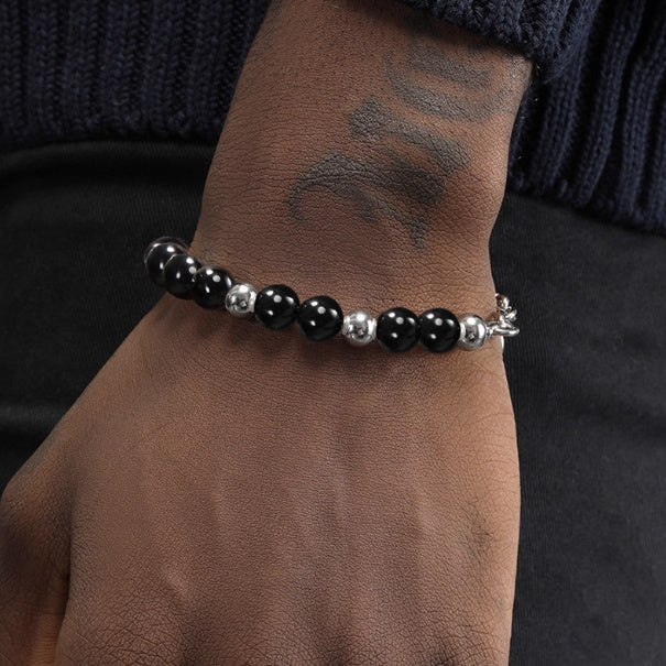Men’s Black Agate Bracelet – Steel Bead and Pearl Splicing Design