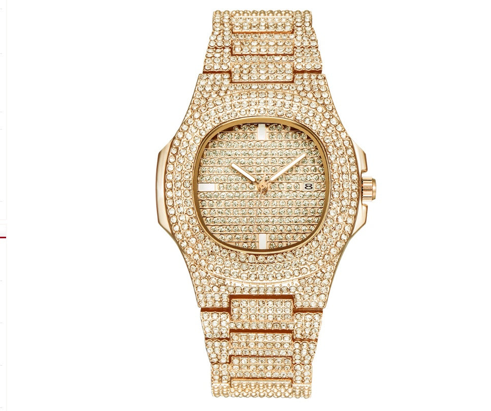 Luxury Men’s Diamond Watch – Quartz Date Display, Fashion Wristwatch