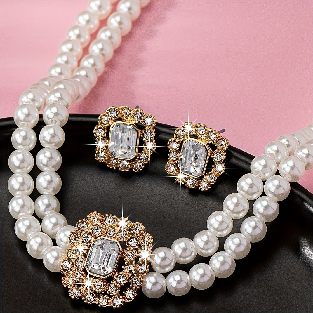 Elegant Double Row Pearl & Diamond Necklace and Earrings Set – Women’s Jewellery