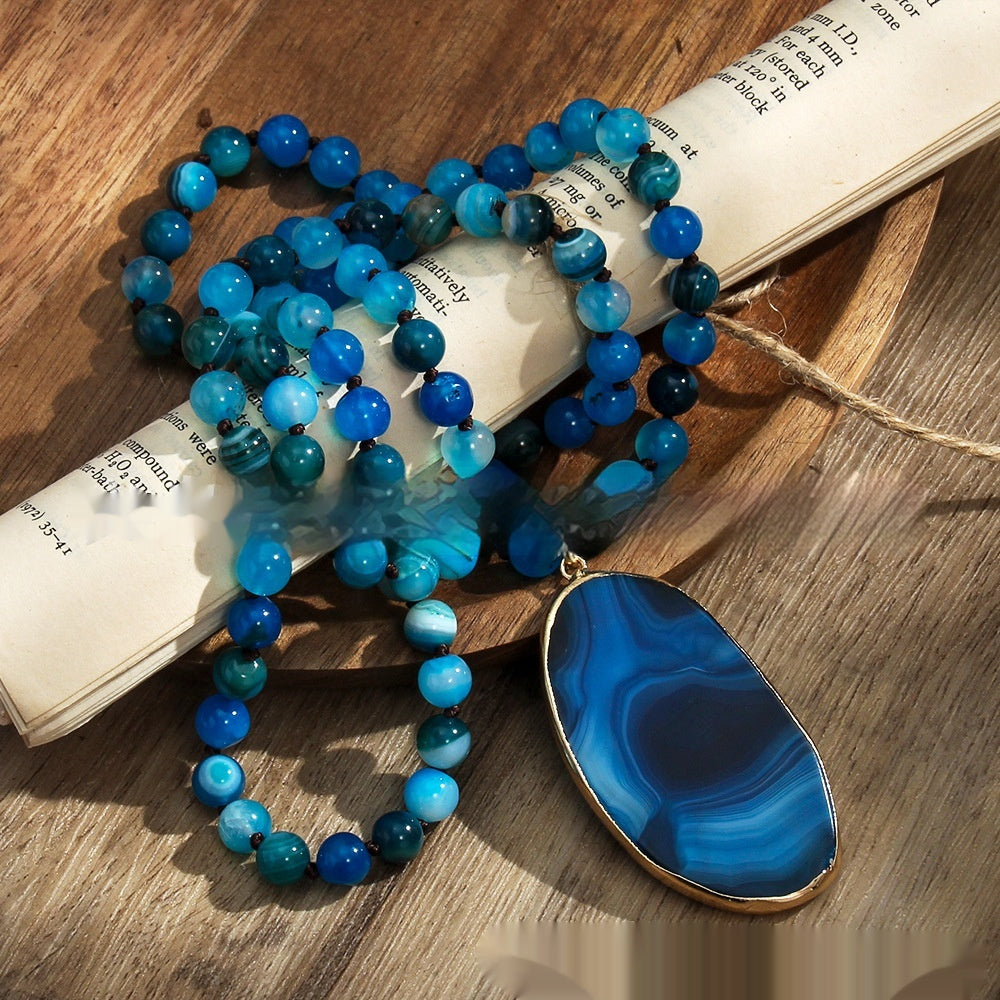 Bohemian 8mm Natural Stone Glass Knotted Necklace – Irregular Striped Agate Pendant