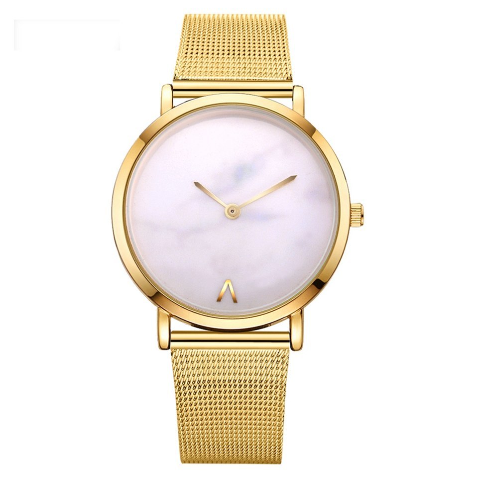 Vansvar Women’s Quartz Marble Watch – Silver & Gold Mesh Band
