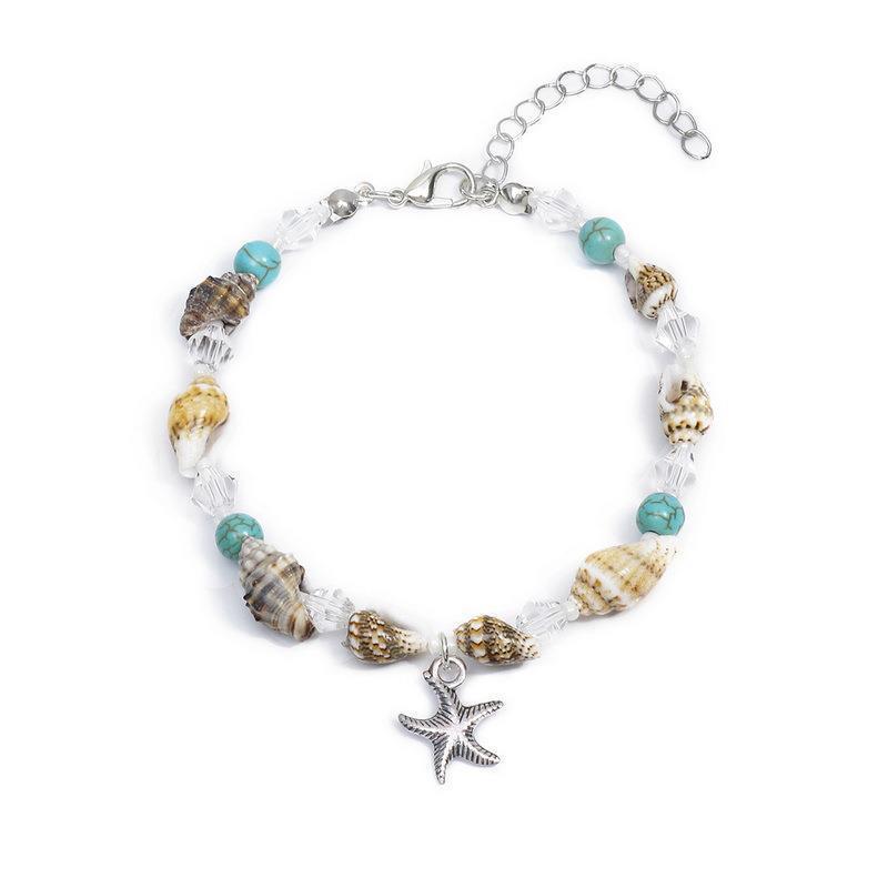 Turquoise Beaded Shell Bracelet – Conch, Starfish & Crystal Beads Beach Jewellery for Women