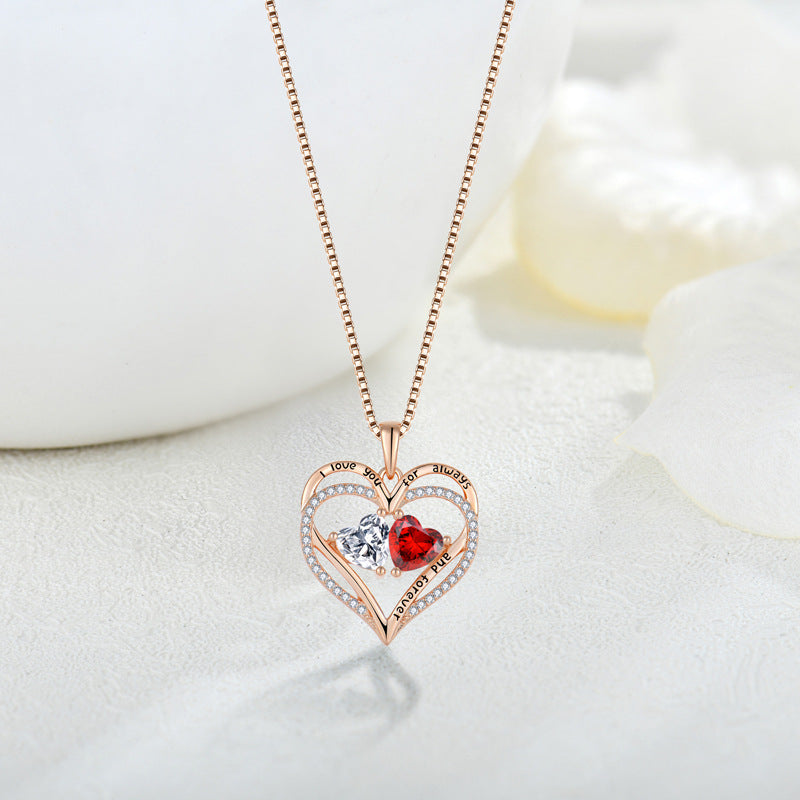 S925 Sterling Silver Double Love Heart Necklace with Rhinestones