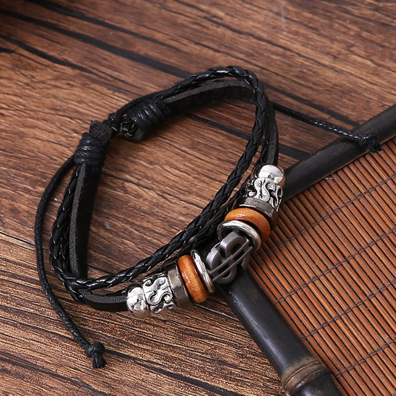 Men’s Multi-Layer Hand-Woven Leather Bracelet Set – Simple Style