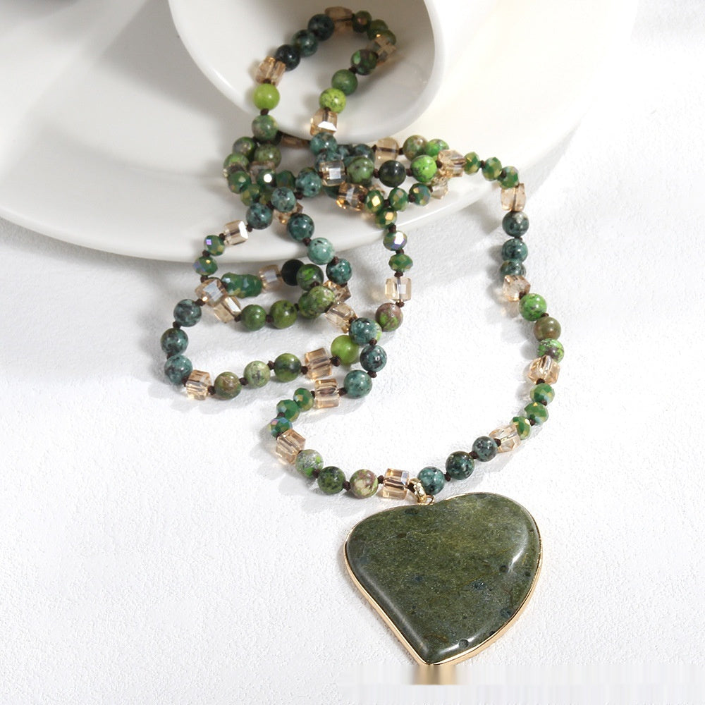 Natural Stone Glass Knotted Necklace – Green Heart Pendant Sweater Chain